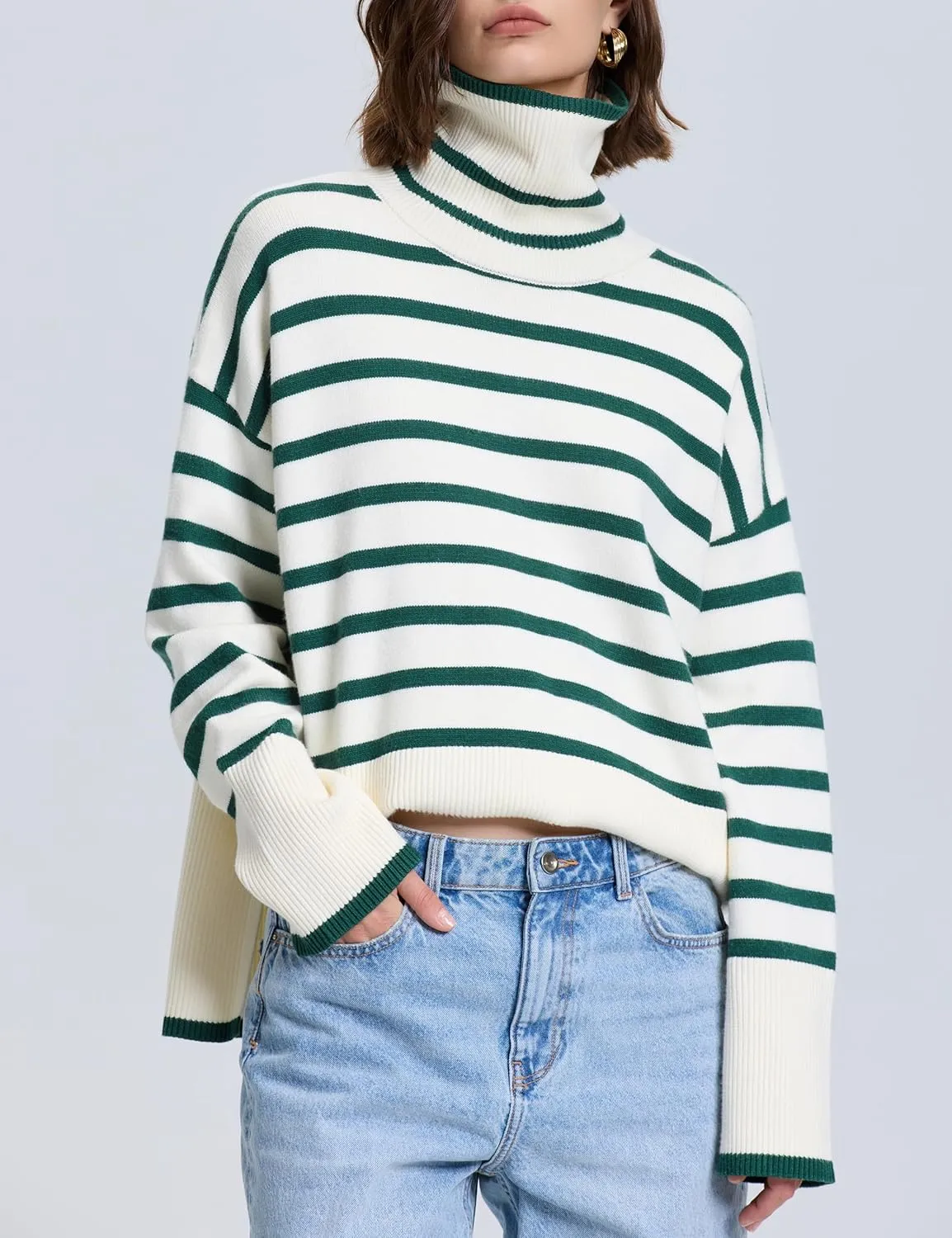 kayamiya Women's Turtleneck Oversized Sweaters Long Sleeve Pullover Knit Tops Split Hem