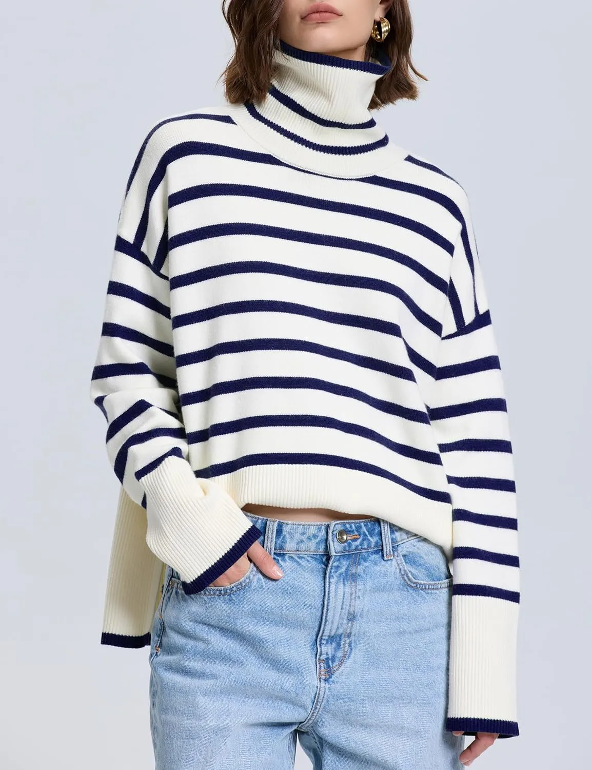 kayamiya Women's Turtleneck Oversized Sweaters Long Sleeve Pullover Knit Tops Split Hem