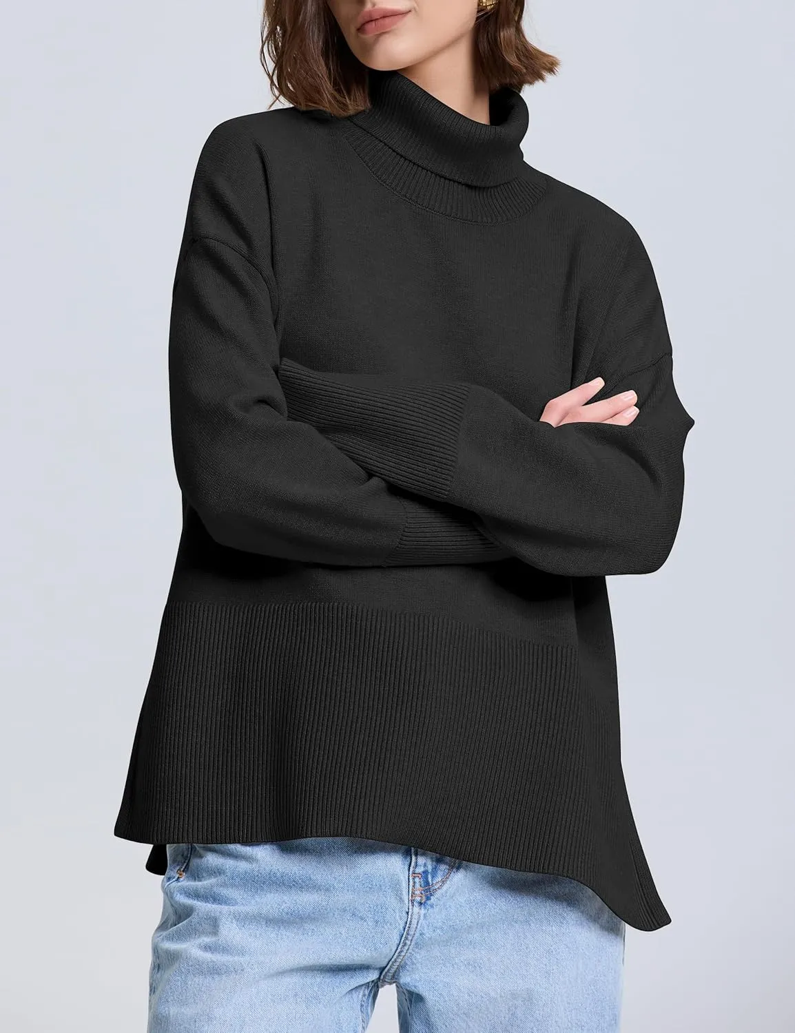 kayamiya Women's Turtleneck Oversized Sweaters Long Sleeve Pullover Knit Tops Split Hem
