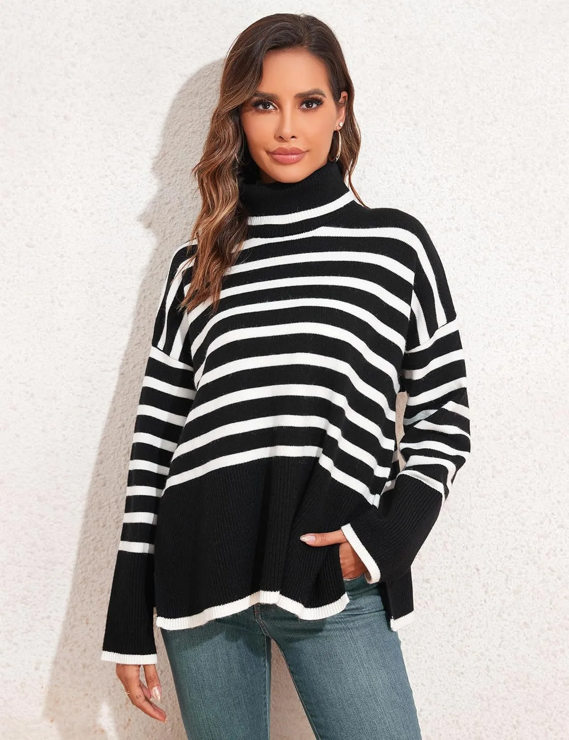 kayamiya Women's Turtleneck Oversized Sweaters Long Sleeve Pullover Knit Tops Split Hem