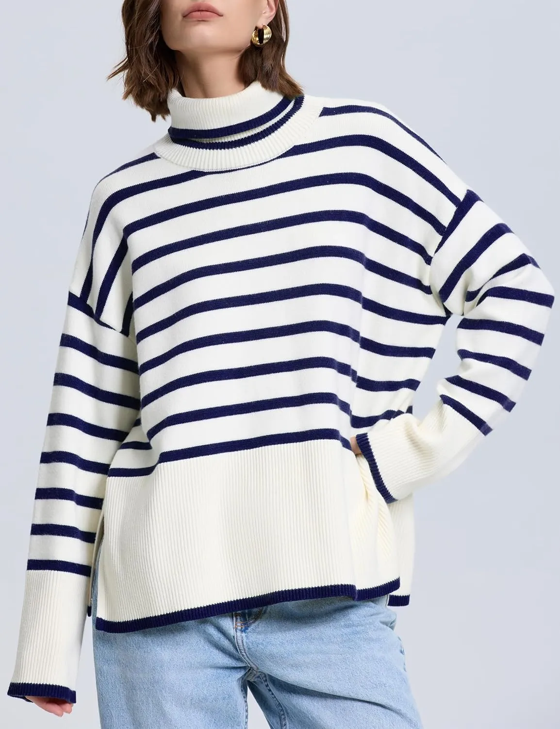 kayamiya Women's Turtleneck Oversized Sweaters Long Sleeve Pullover Knit Tops Split Hem