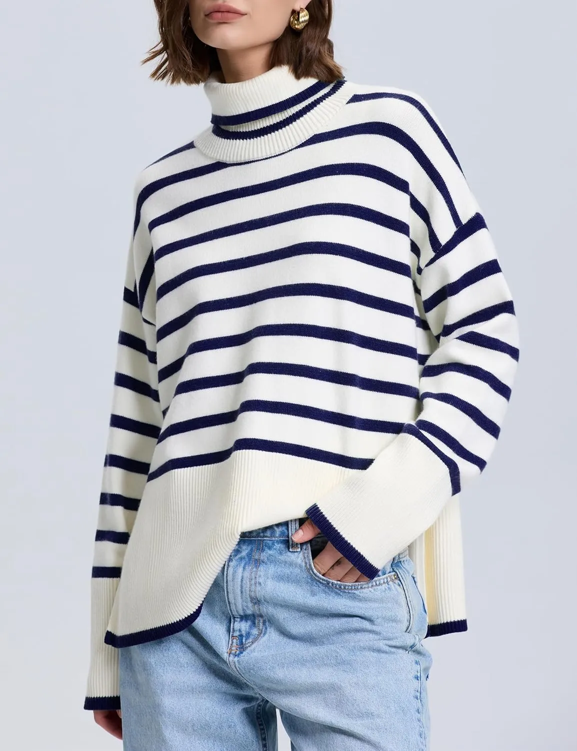 kayamiya Women's Turtleneck Oversized Sweaters Long Sleeve Pullover Knit Tops Split Hem