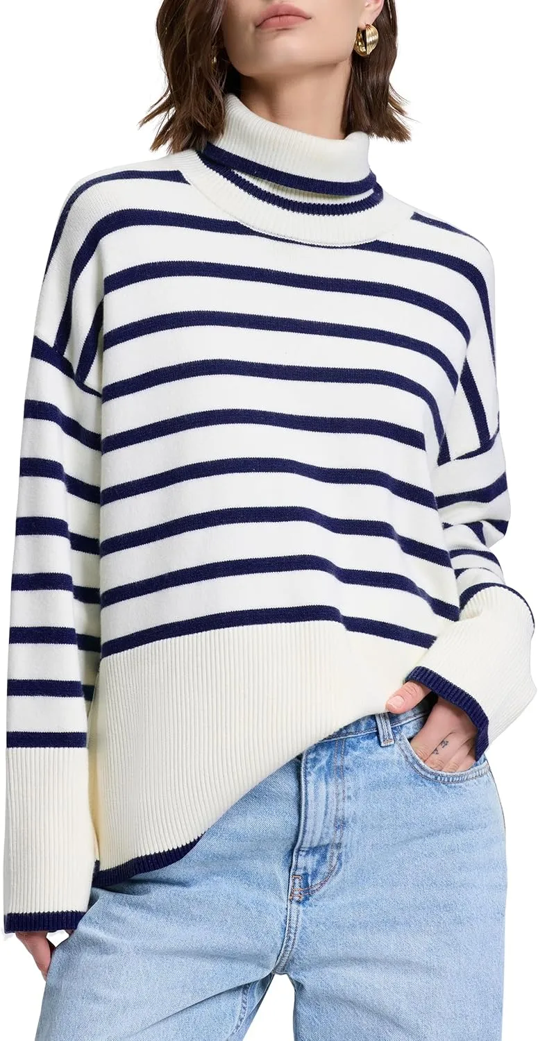 kayamiya Women's Turtleneck Oversized Sweaters Long Sleeve Pullover Knit Tops Split Hem