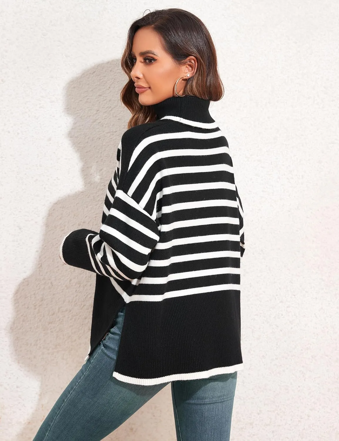 kayamiya Women's Turtleneck Oversized Sweaters Long Sleeve Pullover Knit Tops Split Hem