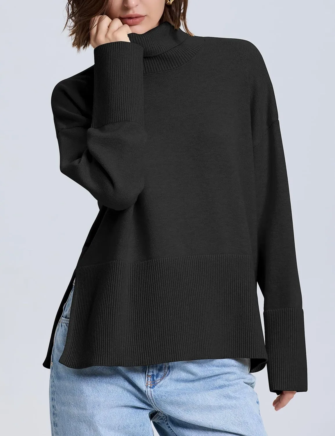 kayamiya Women's Turtleneck Oversized Sweaters Long Sleeve Pullover Knit Tops Split Hem