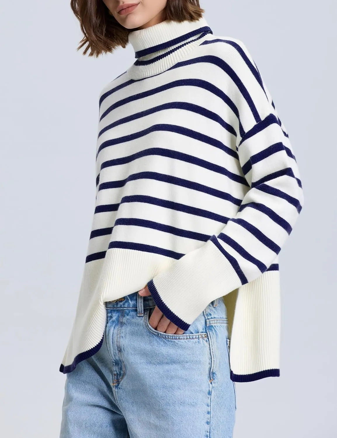 kayamiya Women's Turtleneck Oversized Sweaters Long Sleeve Pullover Knit Tops Split Hem
