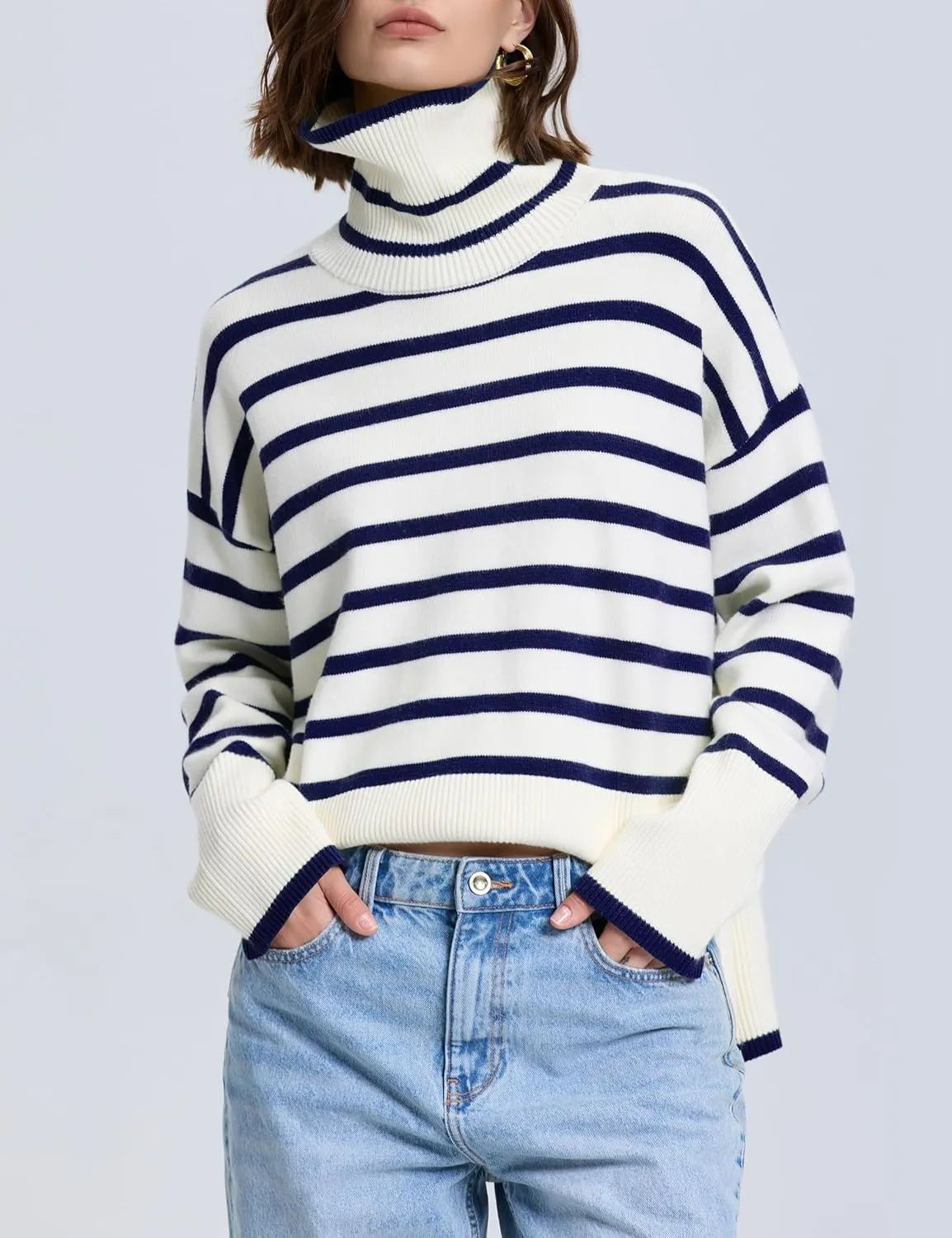 kayamiya Women's Turtleneck Oversized Sweaters Long Sleeve Pullover Knit Tops Split Hem