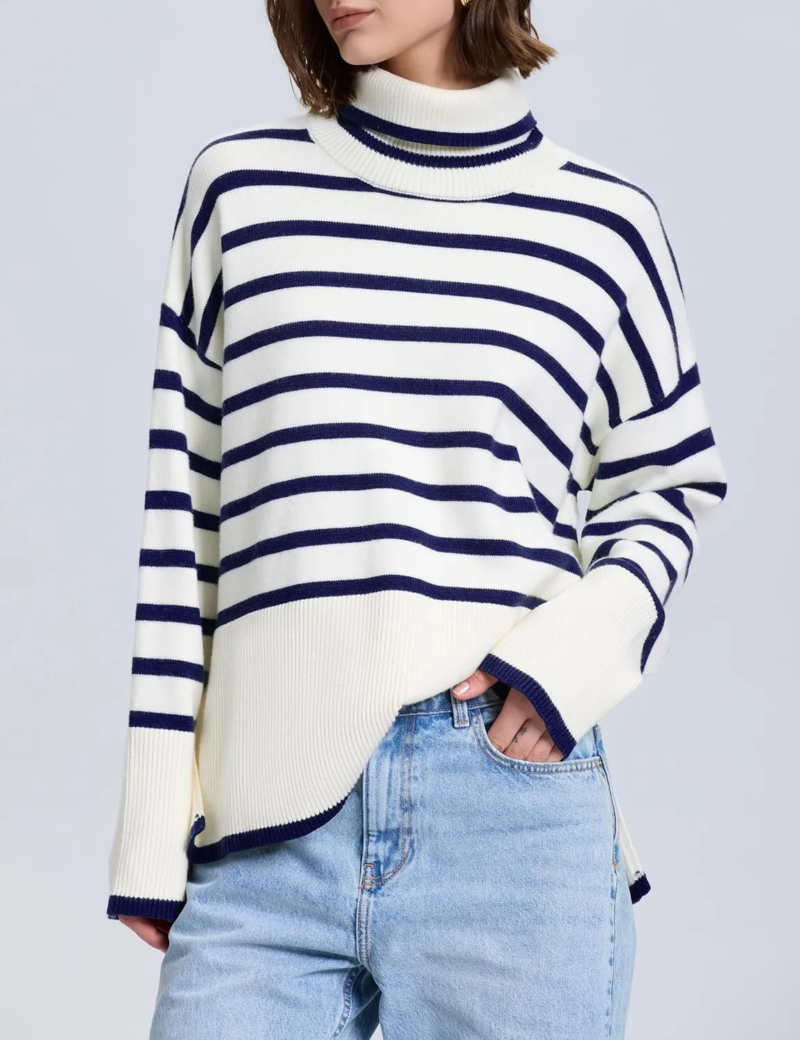 kayamiya Women's Turtleneck Oversized Sweaters Long Sleeve Pullover Knit Tops Split Hem