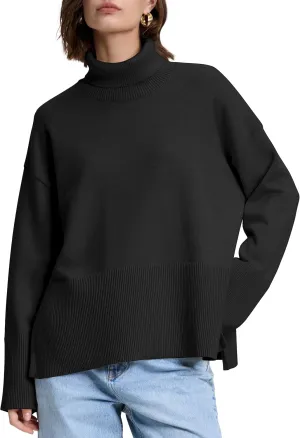 kayamiya Women's Turtleneck Oversized Sweaters Long Sleeve Pullover Knit Tops Split Hem
