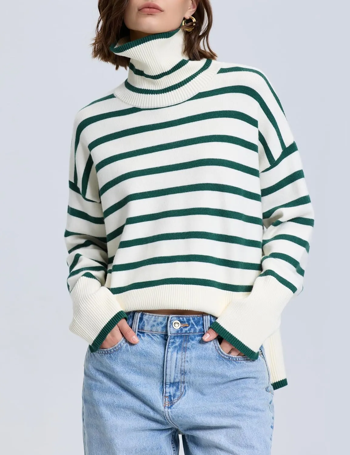 kayamiya Women's Turtleneck Oversized Sweaters Long Sleeve Pullover Knit Tops Split Hem