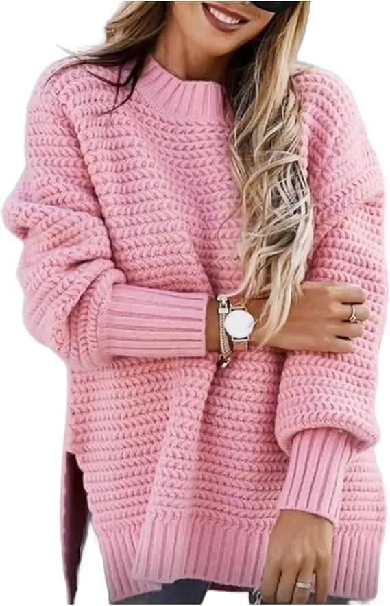 KELYWELL Turtleneck Sweaters for Woman Fall Winter Oversized Knitted Pullover Tops Side Slit Loose Soft Jumper Sweaters