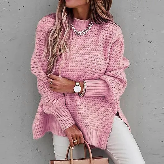 KELYWELL Turtleneck Sweaters for Woman Fall Winter Oversized Knitted Pullover Tops Side Slit Loose Soft Jumper Sweaters