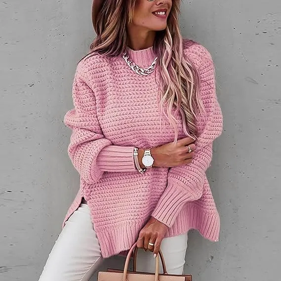 KELYWELL Turtleneck Sweaters for Woman Fall Winter Oversized Knitted Pullover Tops Side Slit Loose Soft Jumper Sweaters