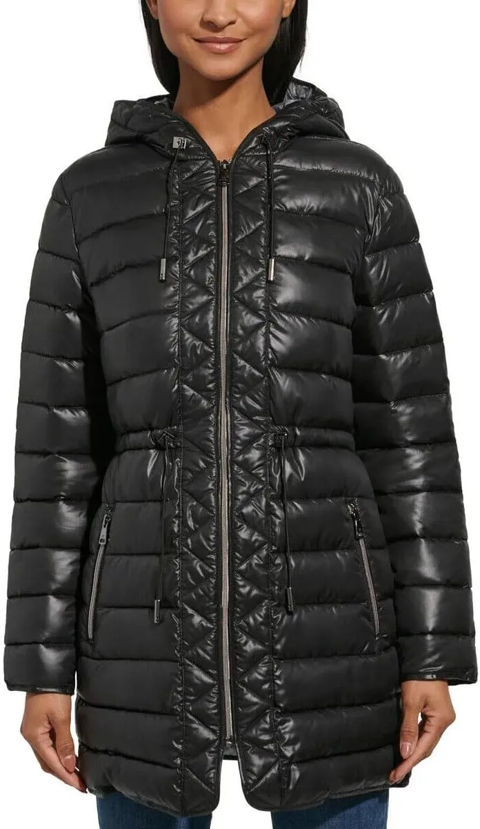 Kenneth Cole Women's Hooded Quilted Long Puffer Jacket Coat