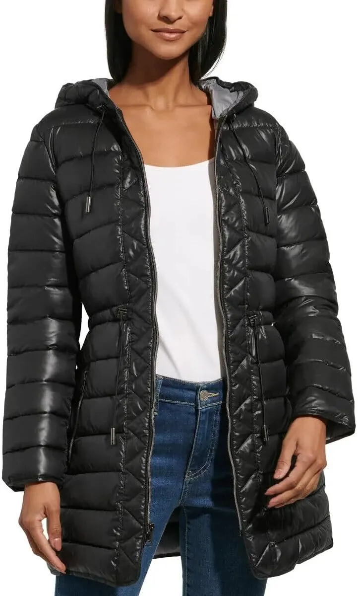 Kenneth Cole Women's Hooded Quilted Long Puffer Jacket Coat
