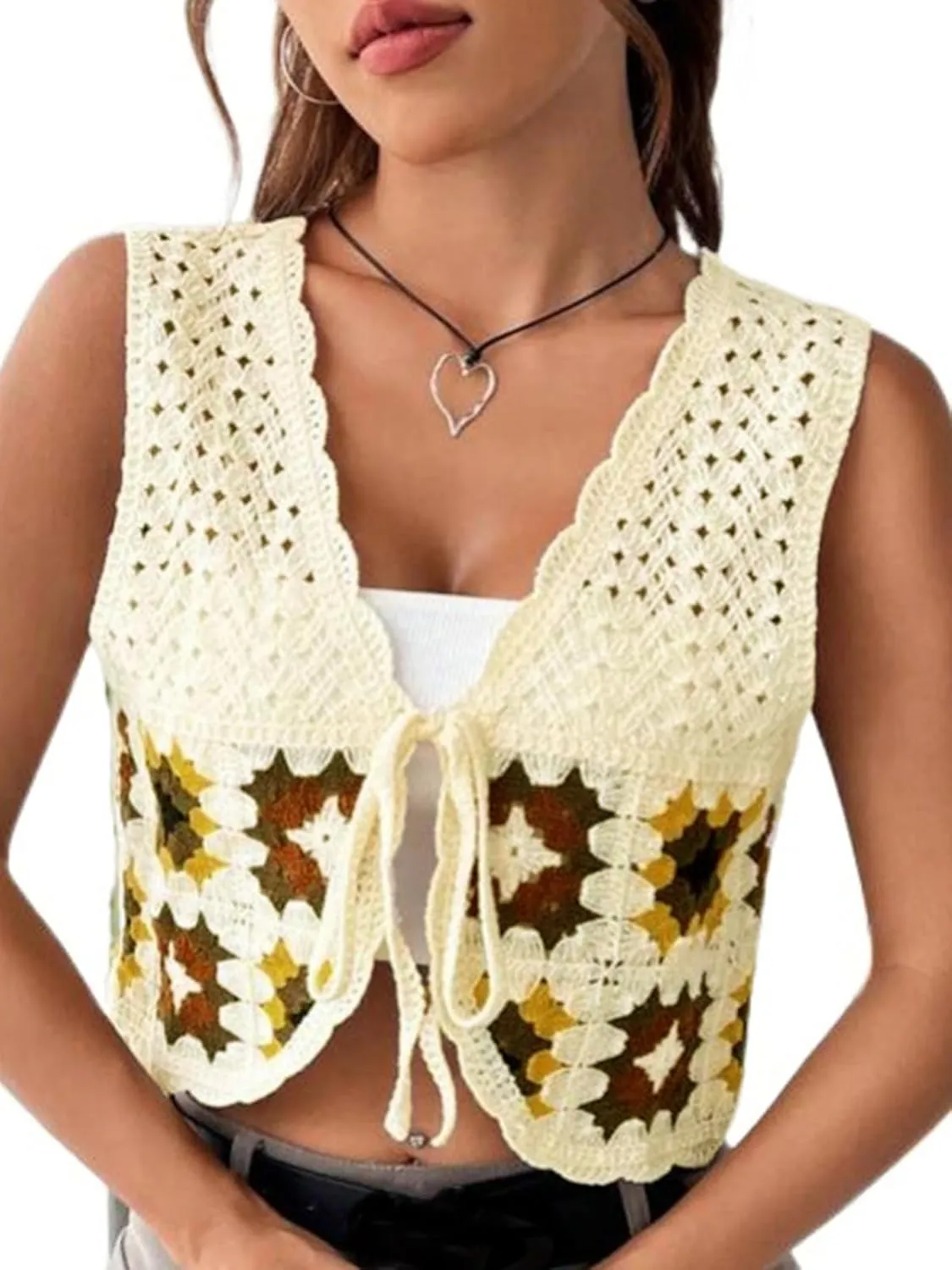 KEOMUD Crochet Floral Sweater Vest for Women Casual V Neck Crop Hollow Out Sleeveless Tie Front Knit Cardigan Vest