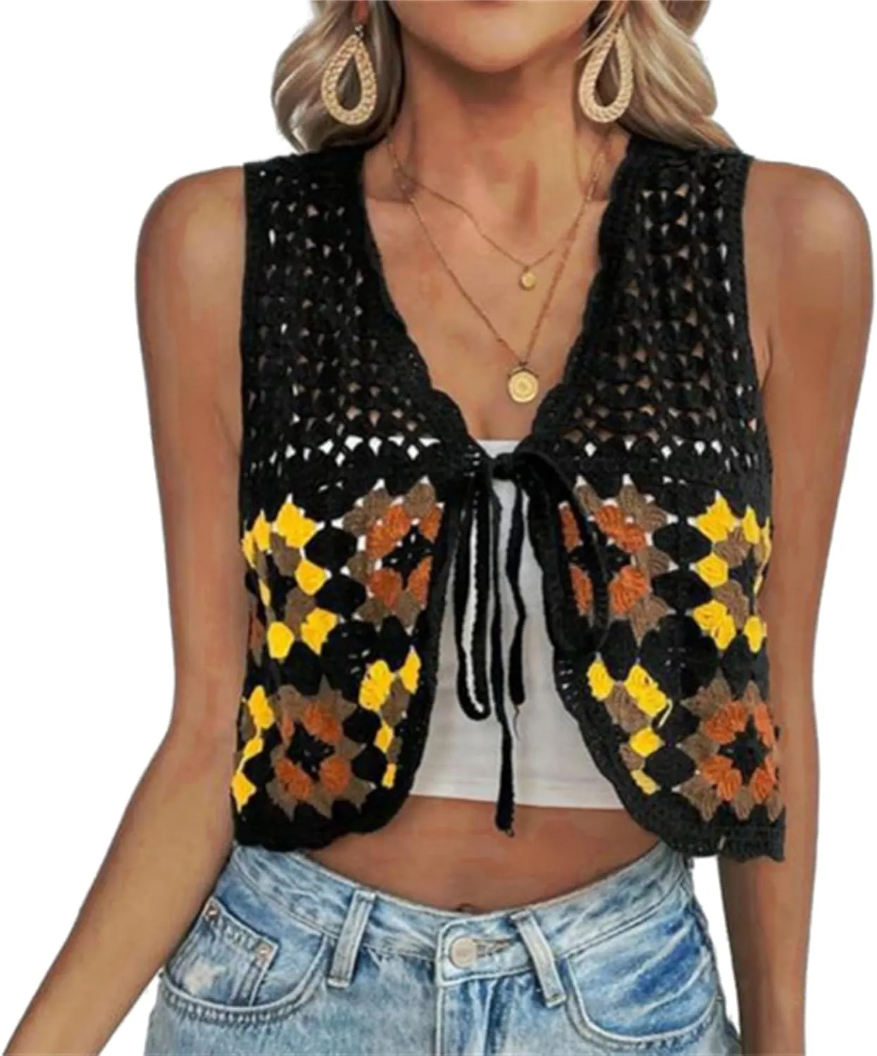 KEOMUD Crochet Floral Sweater Vest for Women Casual V Neck Crop Hollow Out Sleeveless Tie Front Knit Cardigan Vest