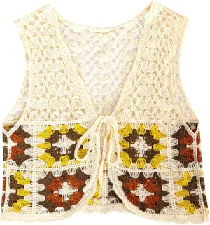 KEOMUD Crochet Floral Sweater Vest for Women Casual V Neck Crop Hollow Out Sleeveless Tie Front Knit Cardigan Vest