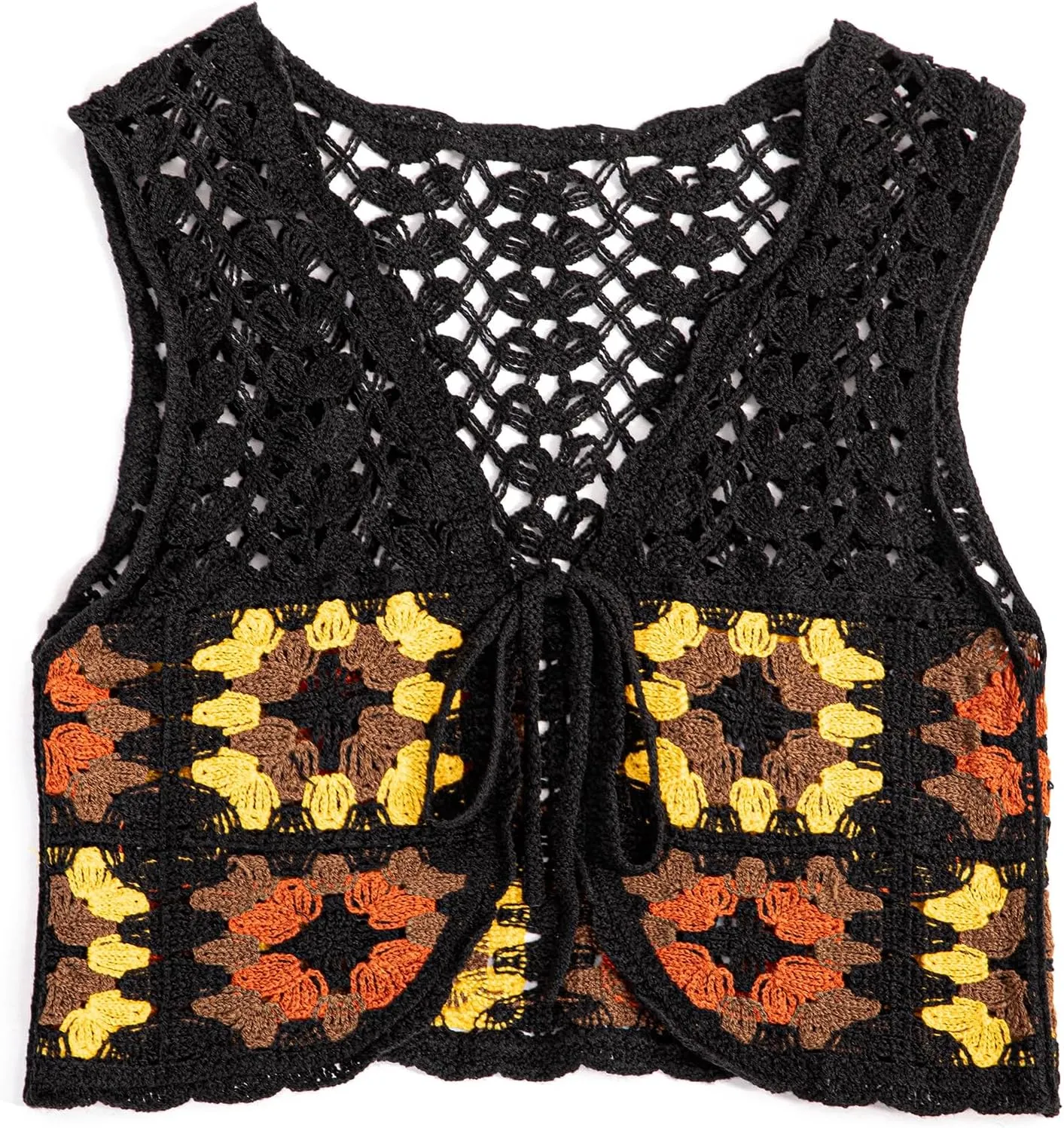 KEOMUD Crochet Floral Sweater Vest for Women Casual V Neck Crop Hollow Out Sleeveless Tie Front Knit Cardigan Vest