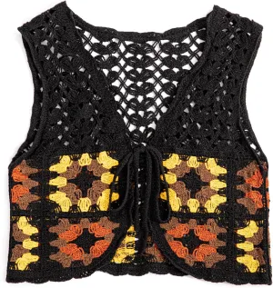KEOMUD Crochet Floral Sweater Vest for Women Casual V Neck Crop Hollow Out Sleeveless Tie Front Knit Cardigan Vest