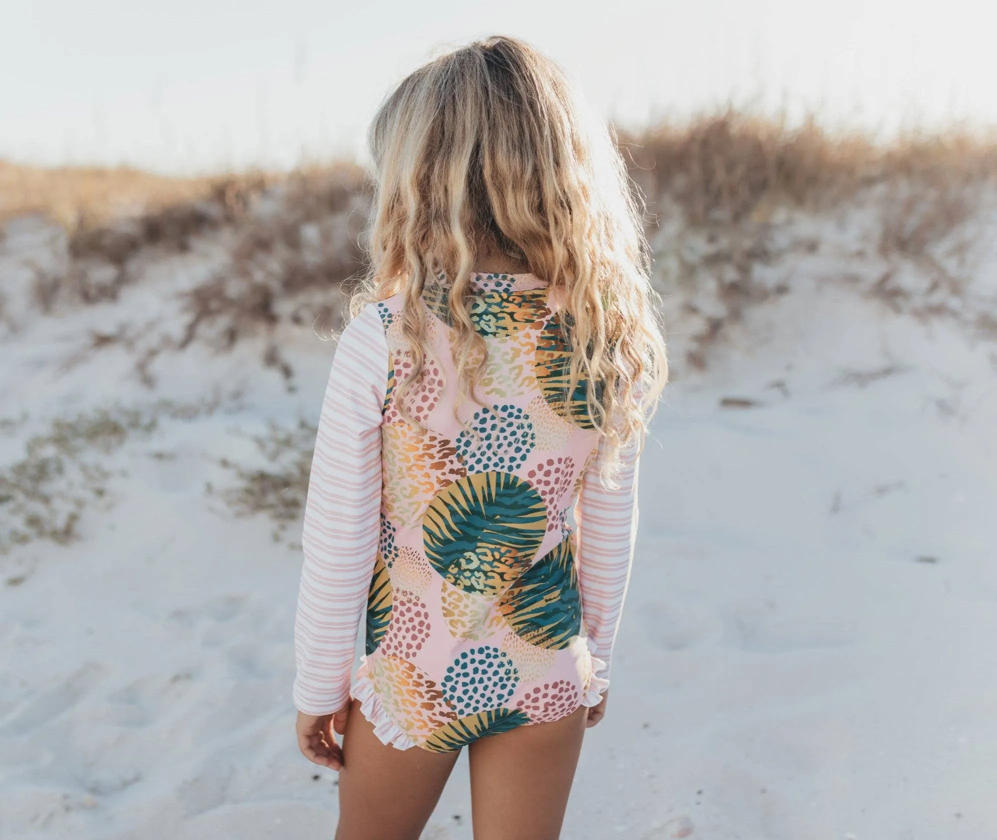 Kids Pink Green Palm Leaf Zip Rash Guard One Piece Swimsuit