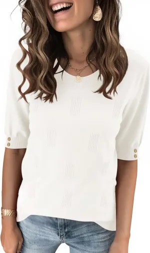 Kistore Womens Short Sleeve Sweaters Crewneck Sweater Shirts Business Casual Tops Outfits with Decor Buttons