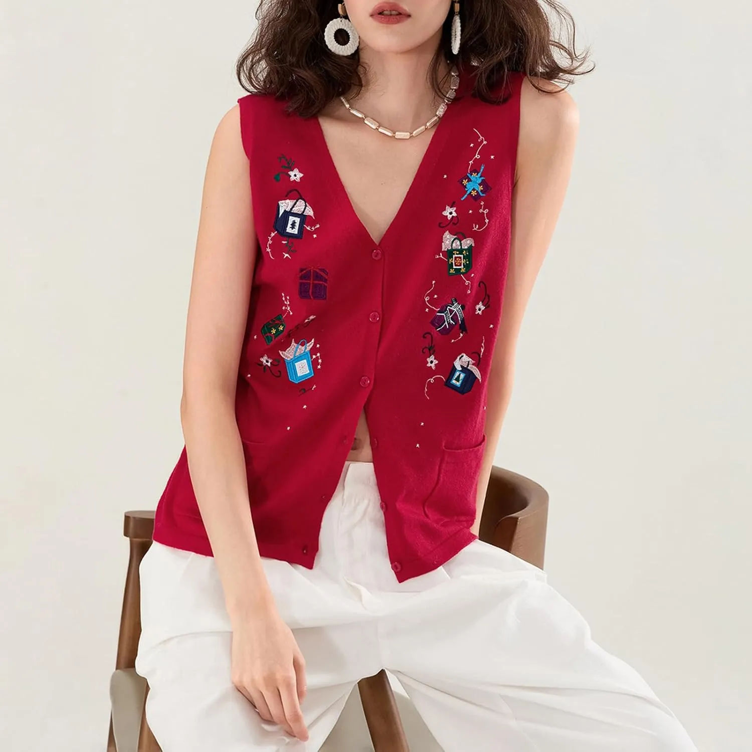 KMBANGI Women Christmas Button Sweater Vest Embroidery Santa Print Sleeveless Cardigan Knit V Neck Vest Top Xmas Clothes