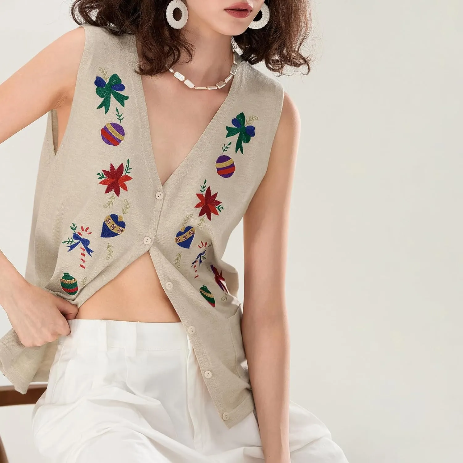 KMBANGI Women Christmas Button Sweater Vest Embroidery Santa Print Sleeveless Cardigan Knit V Neck Vest Top Xmas Clothes