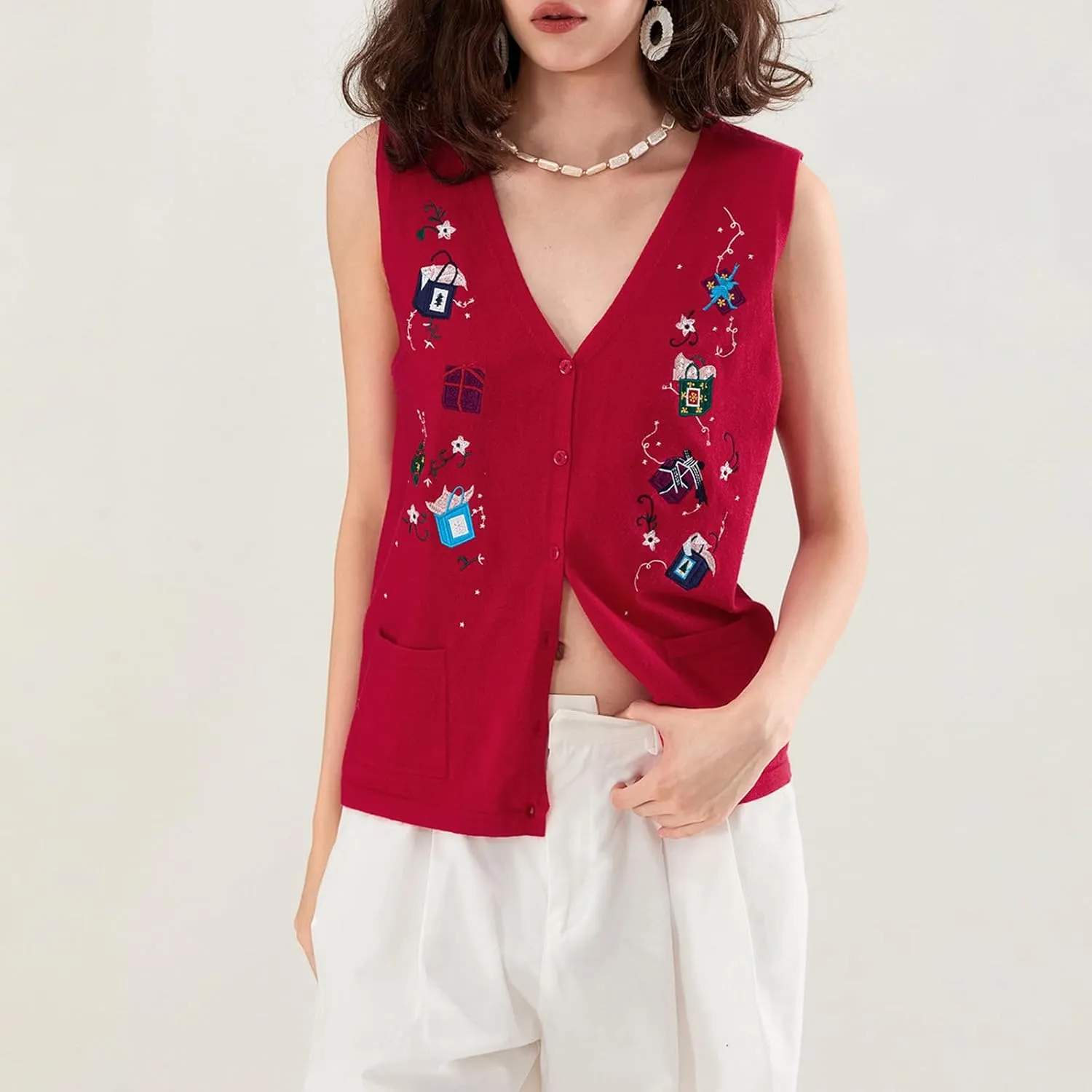 KMBANGI Women Christmas Button Sweater Vest Embroidery Santa Print Sleeveless Cardigan Knit V Neck Vest Top Xmas Clothes