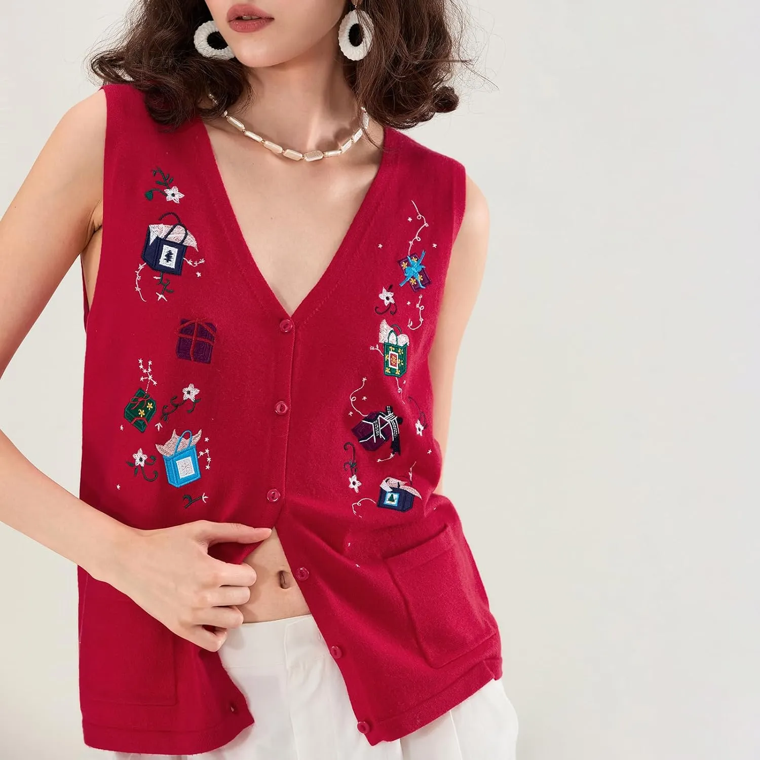 KMBANGI Women Christmas Button Sweater Vest Embroidery Santa Print Sleeveless Cardigan Knit V Neck Vest Top Xmas Clothes