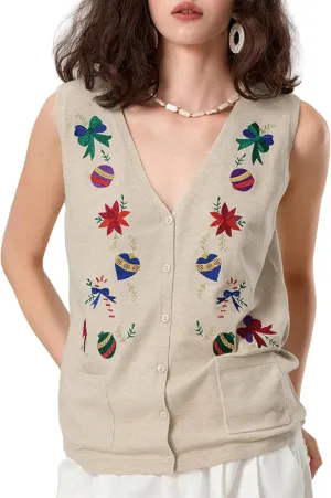 KMBANGI Women Christmas Button Sweater Vest Embroidery Santa Print Sleeveless Cardigan Knit V Neck Vest Top Xmas Clothes