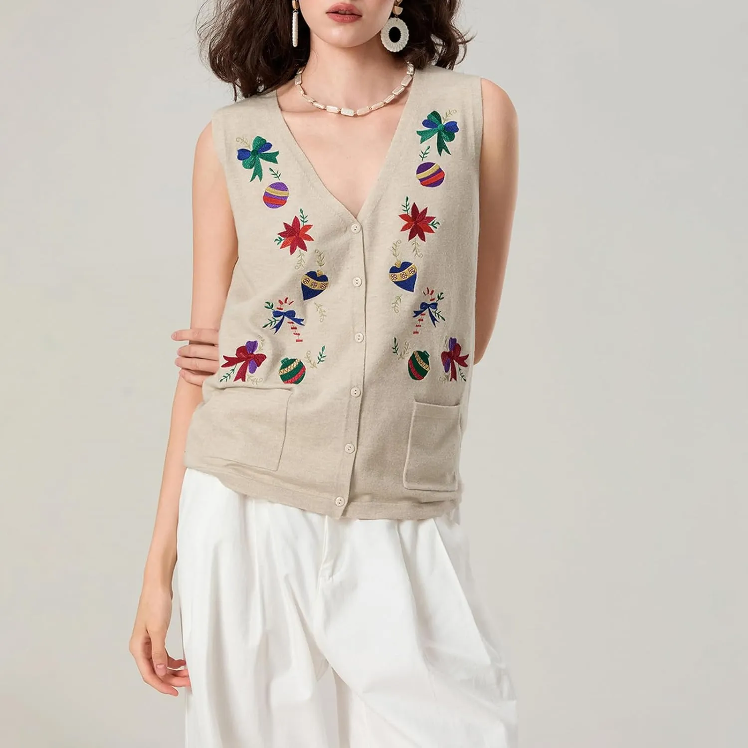 KMBANGI Women Christmas Button Sweater Vest Embroidery Santa Print Sleeveless Cardigan Knit V Neck Vest Top Xmas Clothes