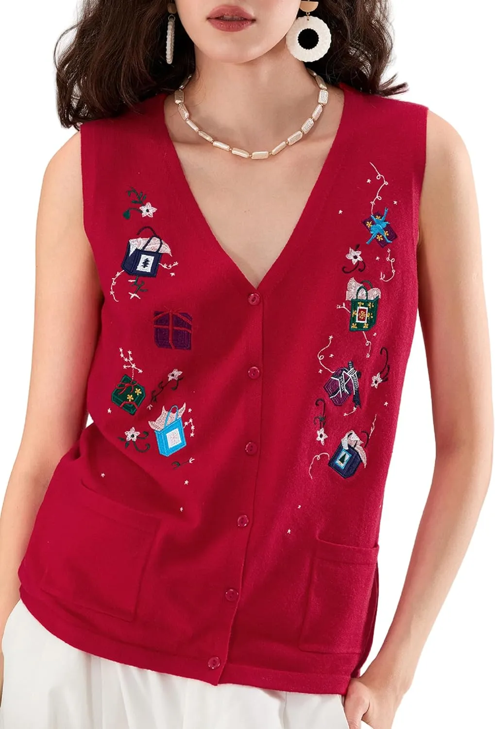 KMBANGI Women Christmas Button Sweater Vest Embroidery Santa Print Sleeveless Cardigan Knit V Neck Vest Top Xmas Clothes
