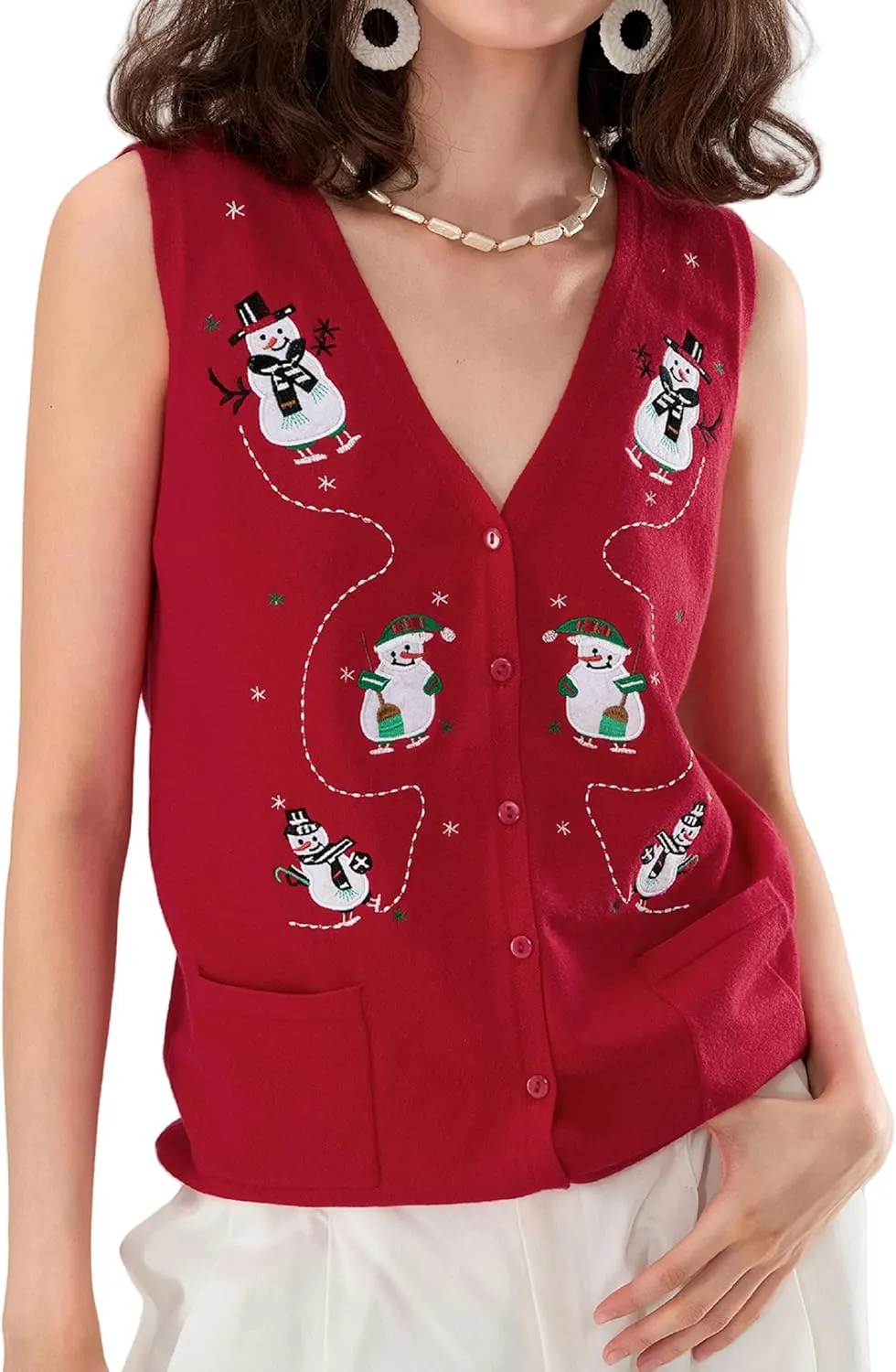 KMBANGI Women Christmas Button Sweater Vest Embroidery Santa Print Sleeveless Cardigan Knit V Neck Vest Top Xmas Clothes