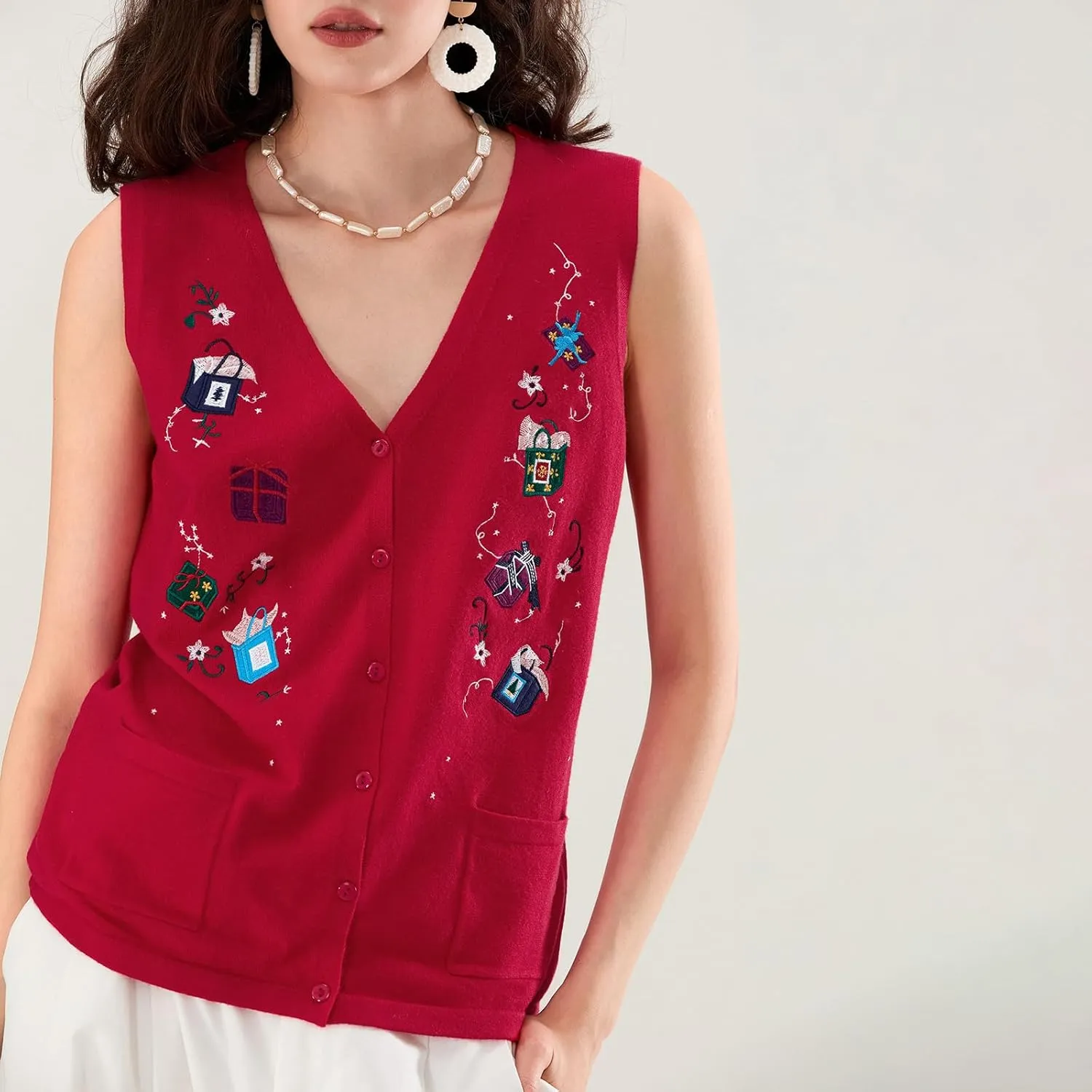 KMBANGI Women Christmas Button Sweater Vest Embroidery Santa Print Sleeveless Cardigan Knit V Neck Vest Top Xmas Clothes