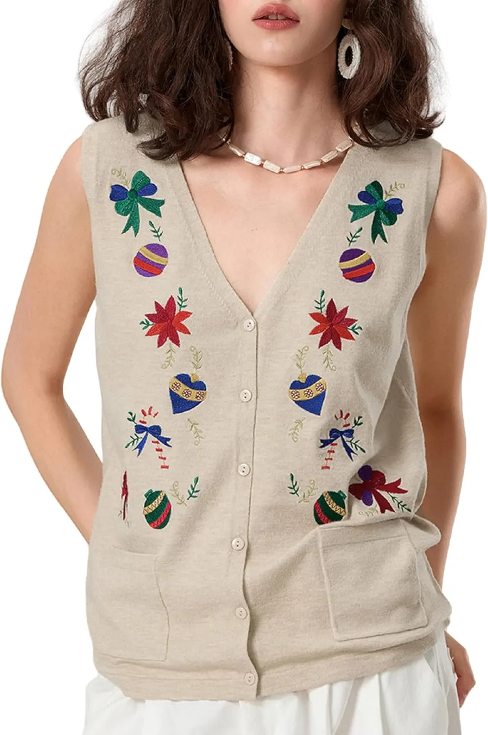 KMBANGI Women Christmas Button Sweater Vest Embroidery Santa Print Sleeveless Cardigan Knit V Neck Vest Top Xmas Clothes