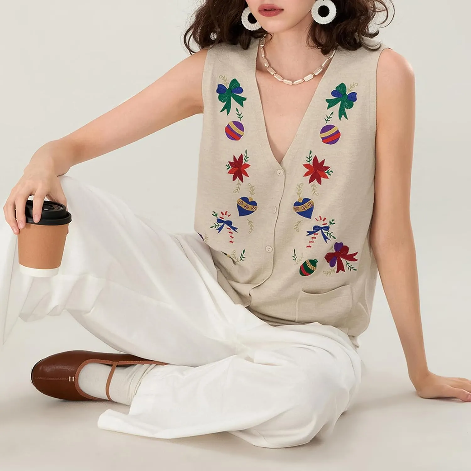 KMBANGI Women Christmas Button Sweater Vest Embroidery Santa Print Sleeveless Cardigan Knit V Neck Vest Top Xmas Clothes