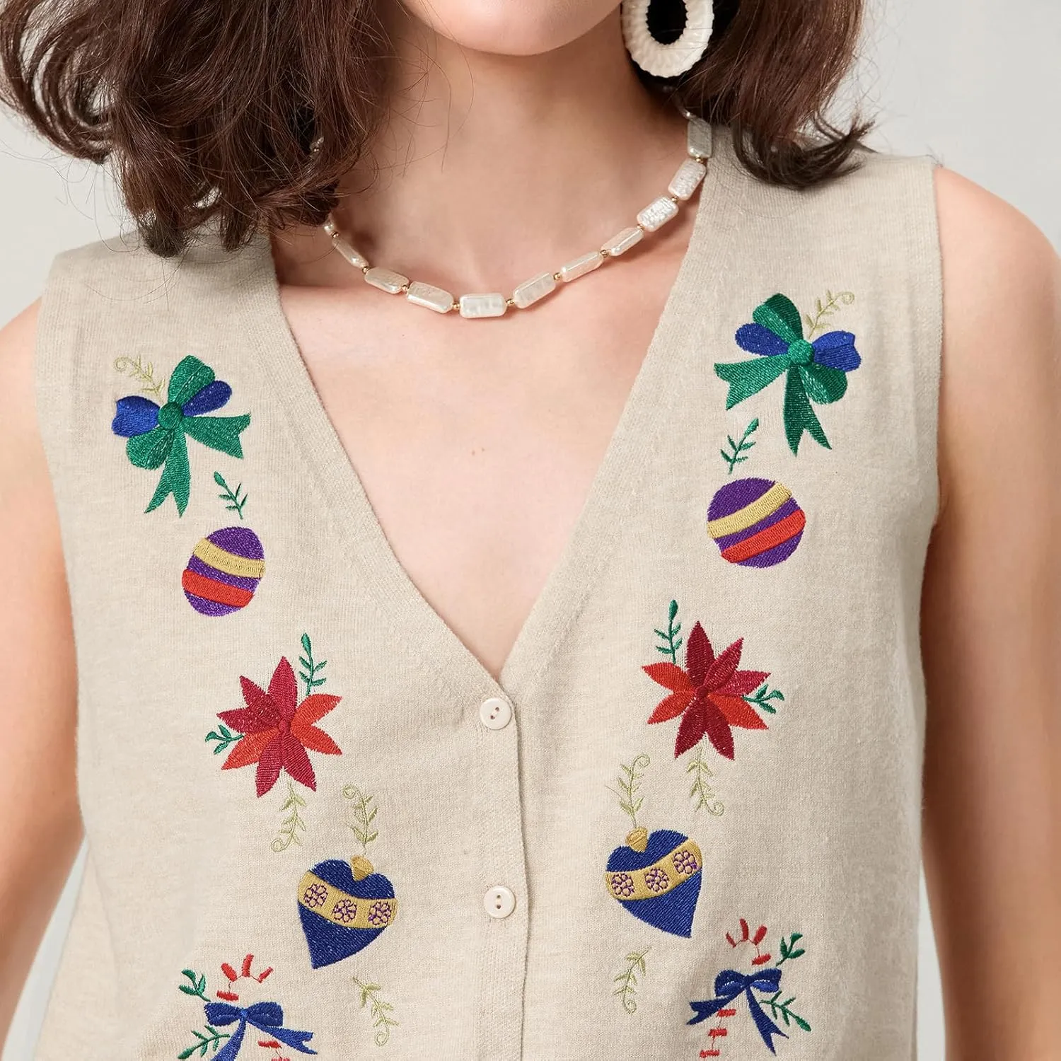 KMBANGI Women Christmas Button Sweater Vest Embroidery Santa Print Sleeveless Cardigan Knit V Neck Vest Top Xmas Clothes
