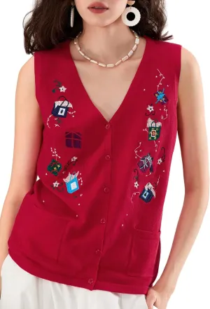 KMBANGI Women Christmas Button Sweater Vest Embroidery Santa Print Sleeveless Cardigan Knit V Neck Vest Top Xmas Clothes