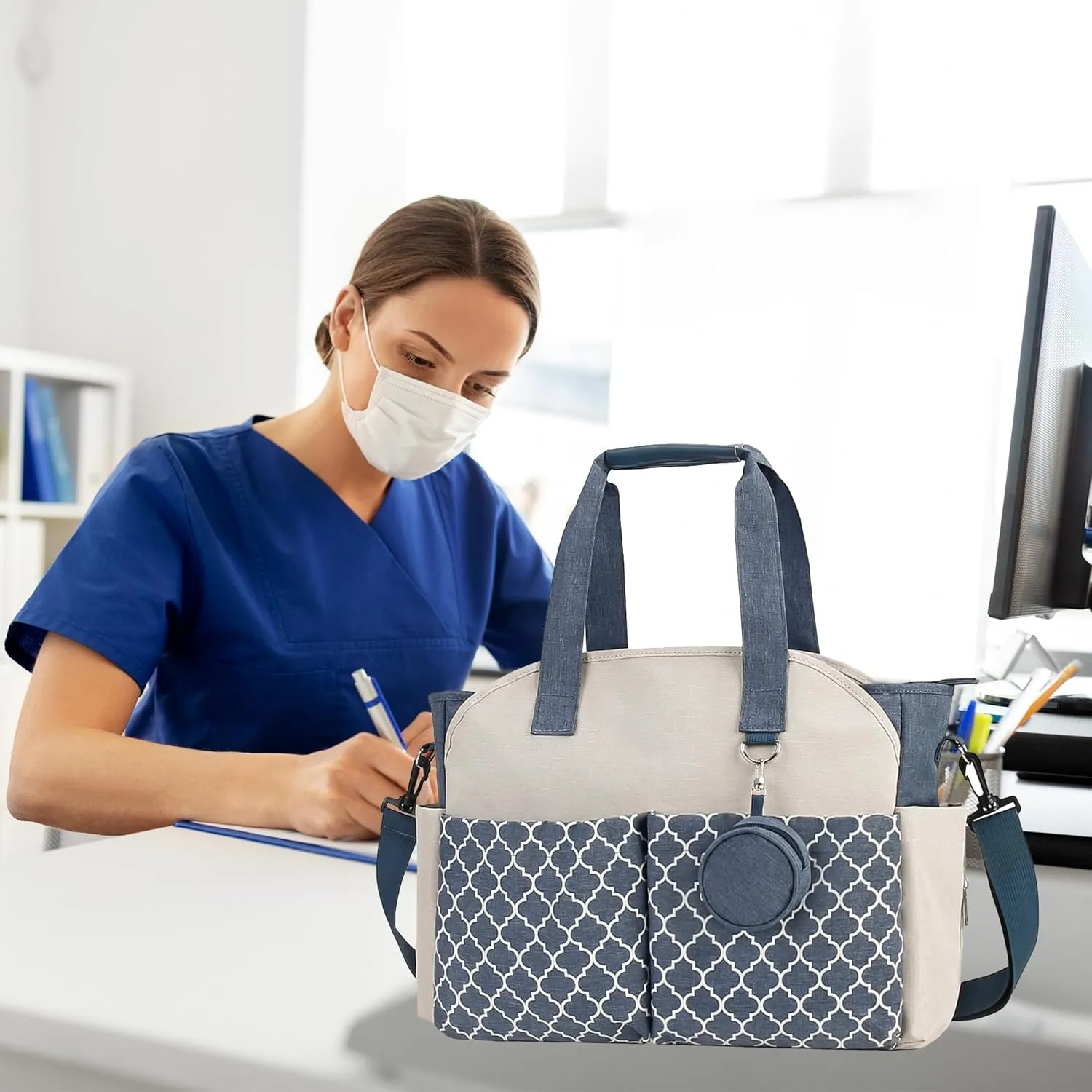 Korolev Nurse Tote Bag for Work - Multiple Pockets, Blue and White