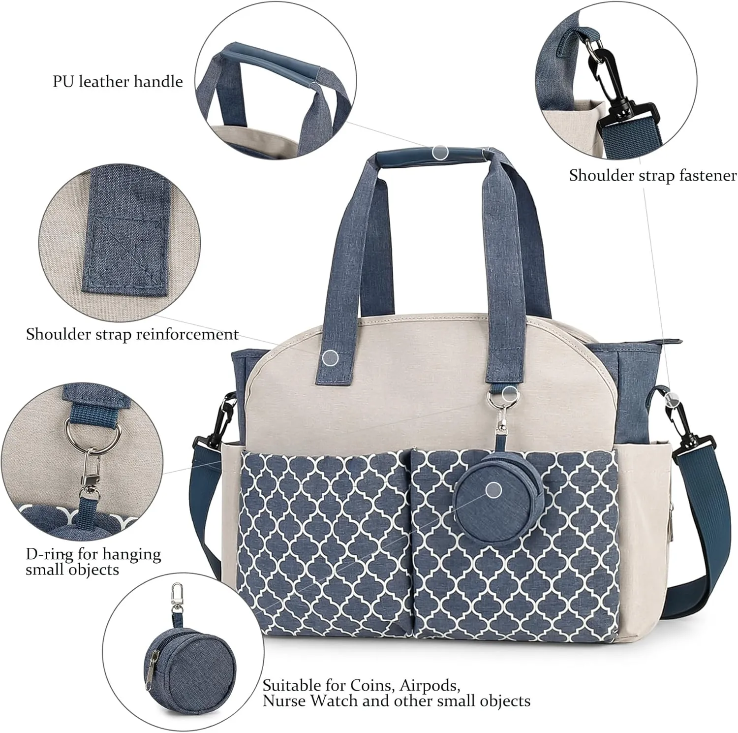 Korolev Nurse Tote Bag for Work - Multiple Pockets, Blue and White