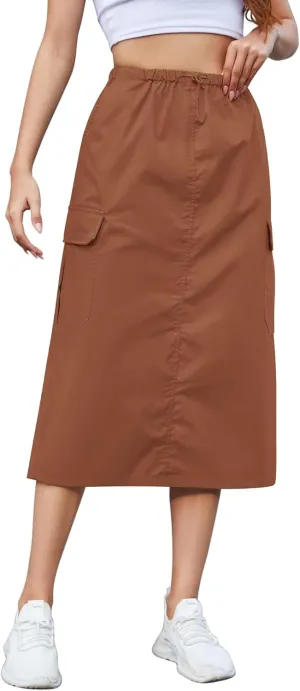 KTILG Midi Cargo Skirt with Multiple Pockets Adjustable Drawstring Back Split Solid Size XS-L