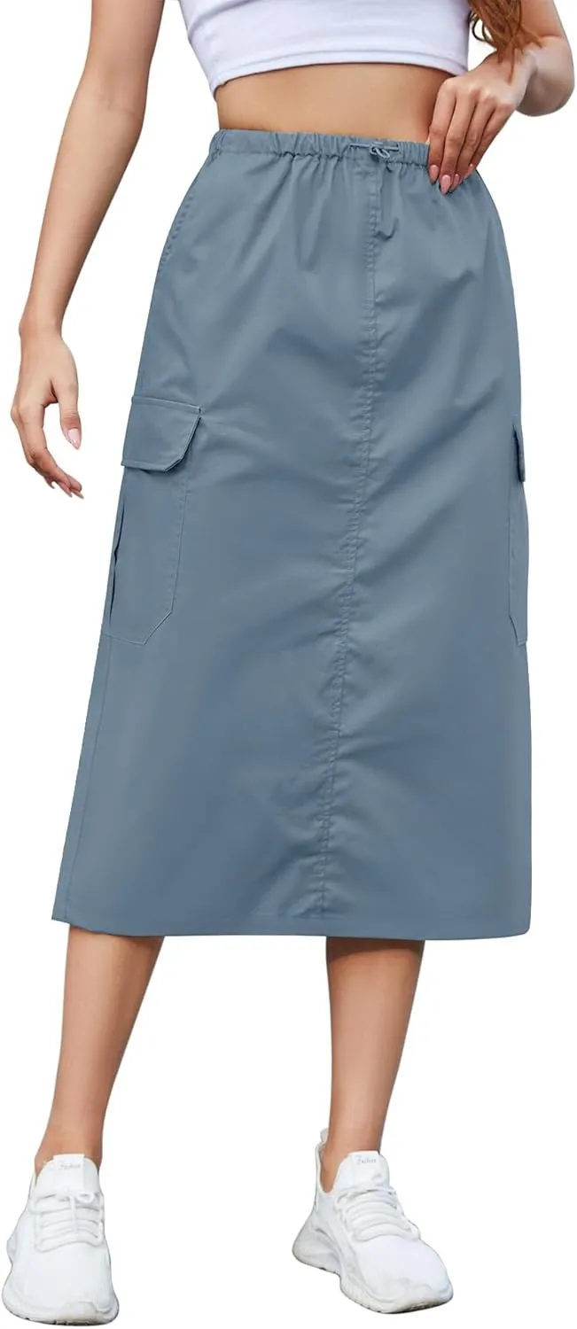 KTILG Midi Cargo Skirt with Multiple Pockets Adjustable Drawstring Back Split Solid Size XS-L