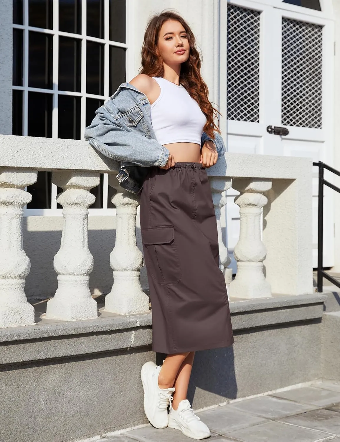 KTILG Midi Cargo Skirt with Multiple Pockets Adjustable Drawstring Back Split Solid Size XS-L
