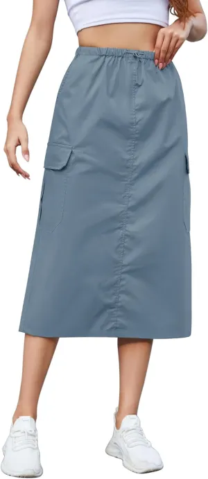 KTILG Midi Cargo Skirt with Multiple Pockets Adjustable Drawstring Back Split Solid Size XS-L