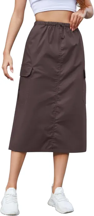 KTILG Midi Cargo Skirt with Multiple Pockets Adjustable Drawstring Back Split Solid Size XS-L