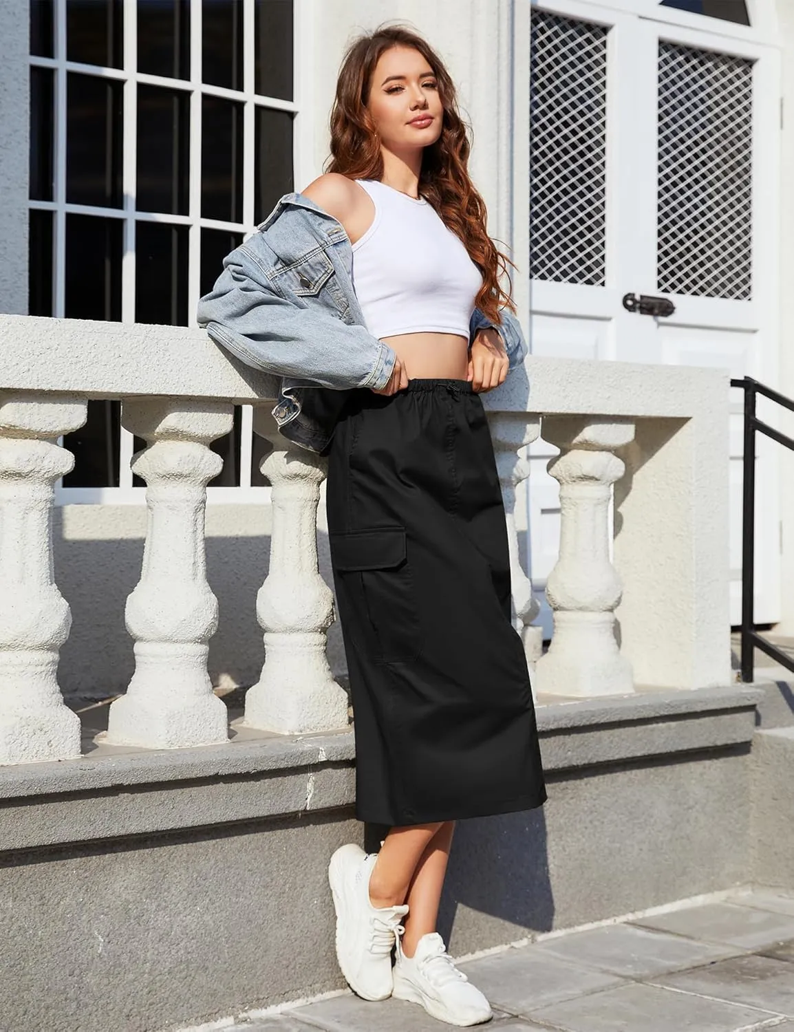 KTILG Midi Cargo Skirt with Multiple Pockets Adjustable Drawstring Back Split Solid Size XS-L