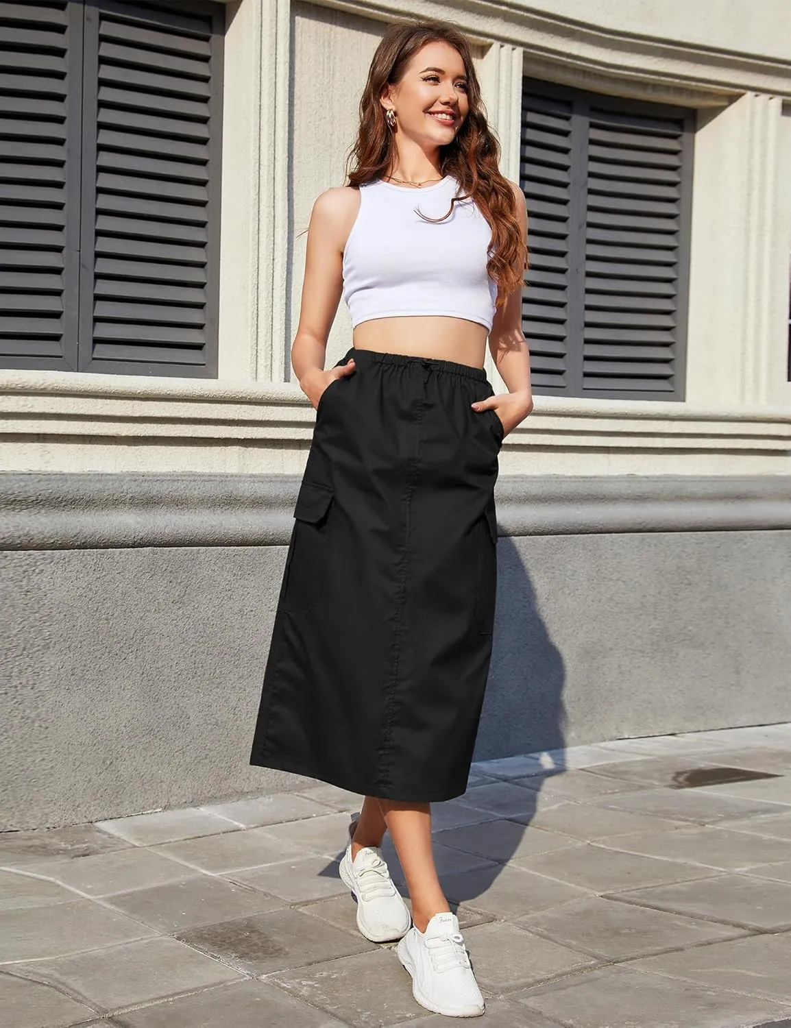 KTILG Midi Cargo Skirt with Multiple Pockets Adjustable Drawstring Back Split Solid Size XS-L