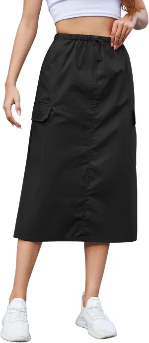 KTILG Midi Cargo Skirt with Multiple Pockets Adjustable Drawstring Back Split Solid Size XS-L