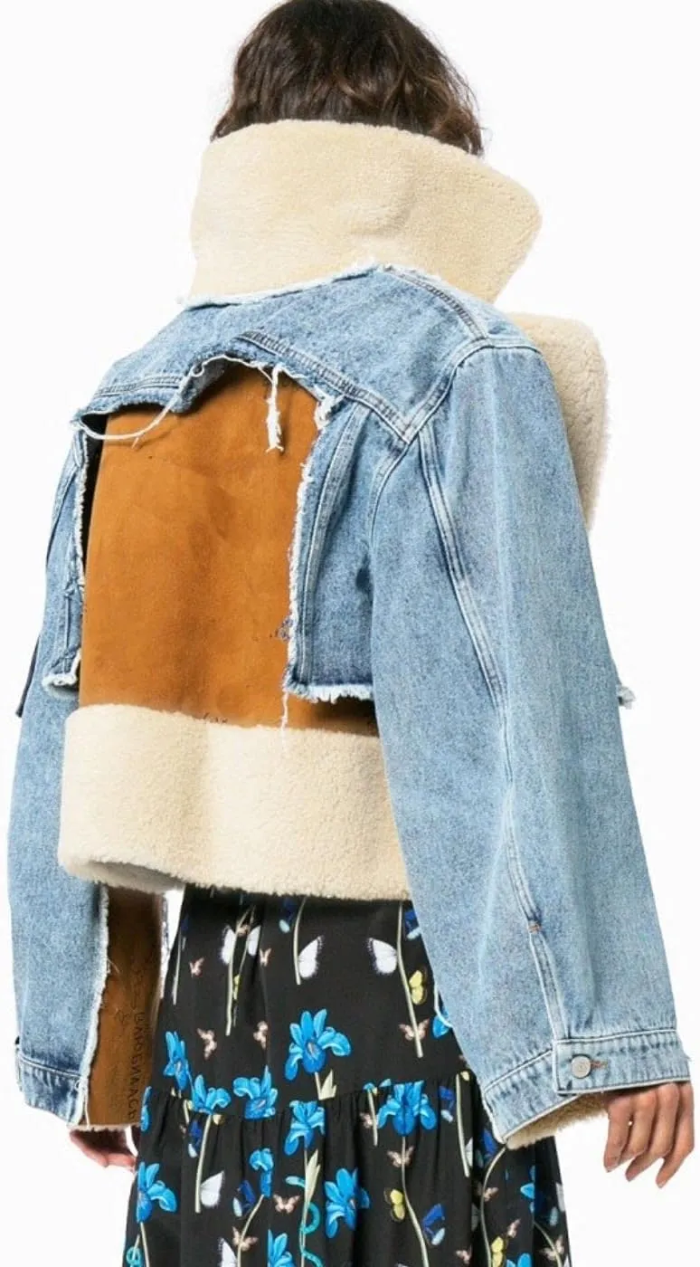 Kwoki Women's Fleece Denim Jacket Lapel Thicken Warm Patchwork Cropped Jean Outerwear